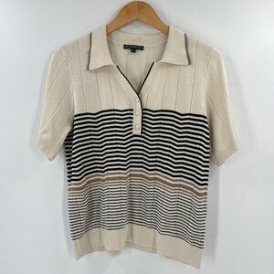 Adrianna Papell L Knit Polo Shirt Sweater Striped Short Sleeve Cotton Retro